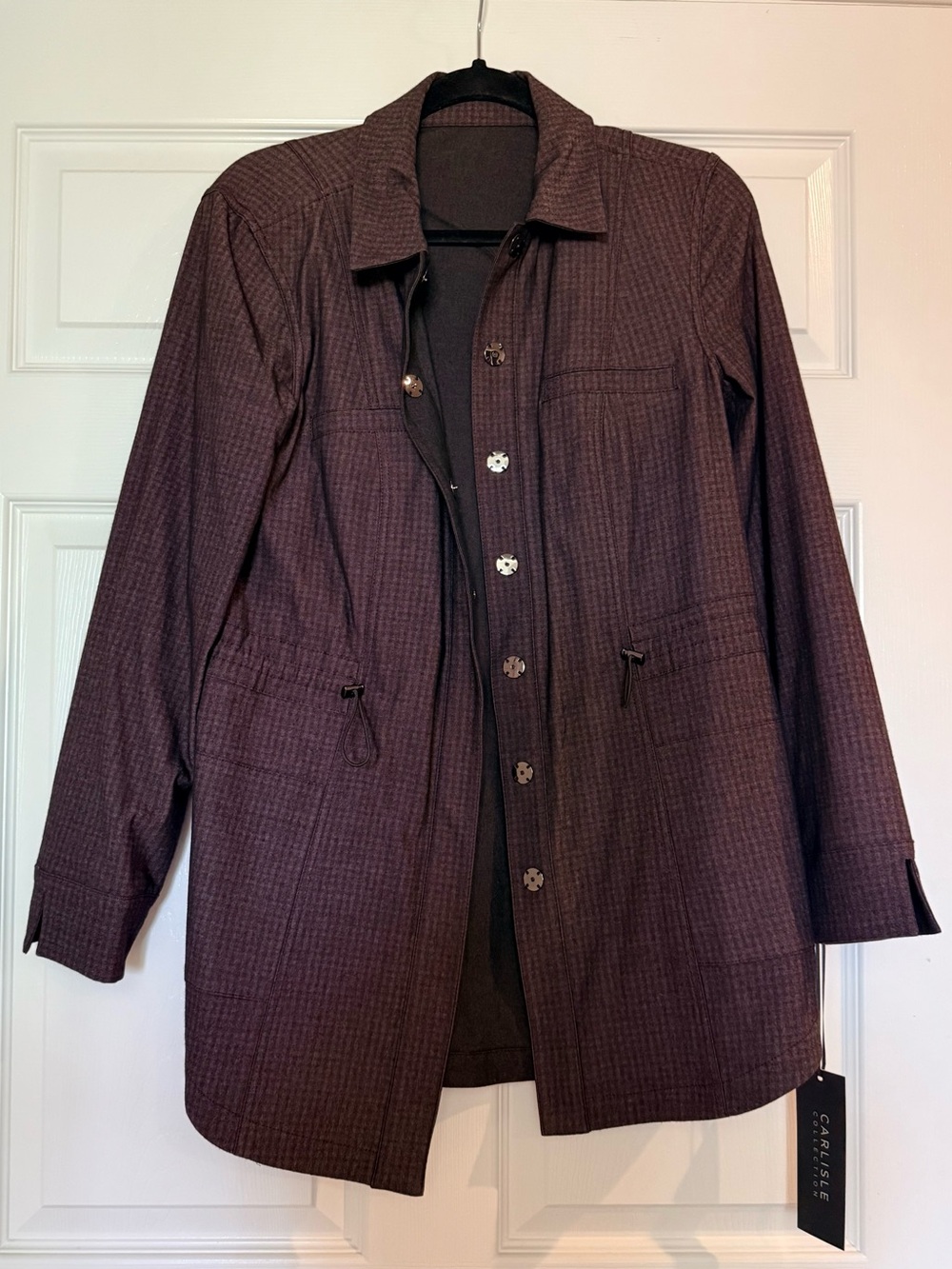 Carlisle Women’s Long Button-Up Jacket in Deep Plum/Brown